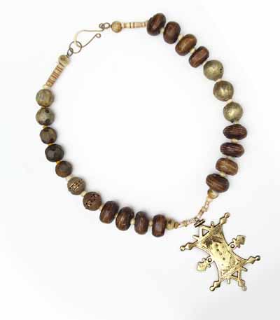 Bold Ethnic African Cast Brass Bead Necklace with Large Coptic Cross Pendant