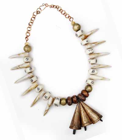 Carved Bone Brown and Gold Cast Brass African Beads Necklace With Three Indian Bells