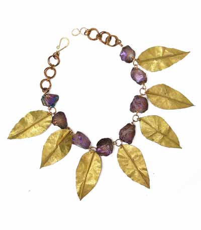Chunky Purple Titanium Quartz Nuggets Necklace with Gold Leaves in Burnished Brass