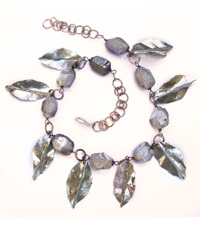 Chunky Titanium Quartz  Boho Necklace With Silvery Leaves in Aluminium