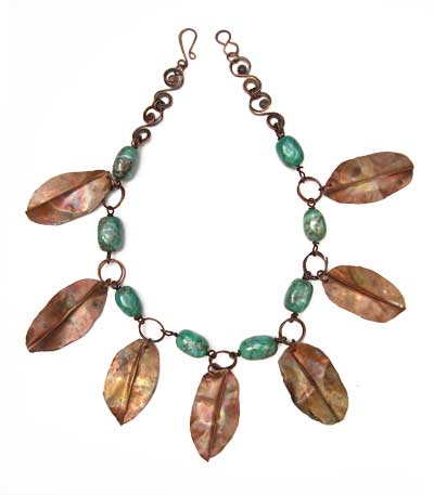Chunky Turquoise Necklace with Handmade Copper Autumn leaves - Ode To Autumn