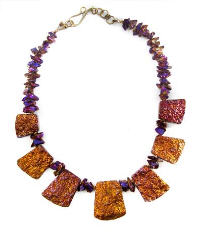 Copper and Purple Titanium Quartz Chunky Necklace - Seven Druzy Tiles