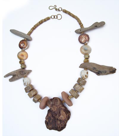 Driftwood Pieces Coral Slices Bone Skull Shell Fossil And Ceramic Disk Necklace