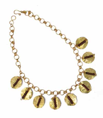 Garnet Bead Strings on Burnished Brass Medalions Necklace