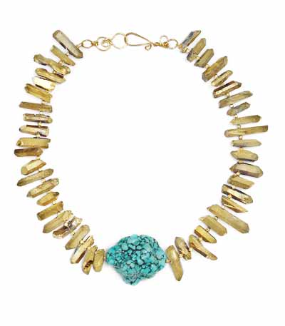 Gold Titanium Quartz Necklace With Large Central Turquoise Nugget