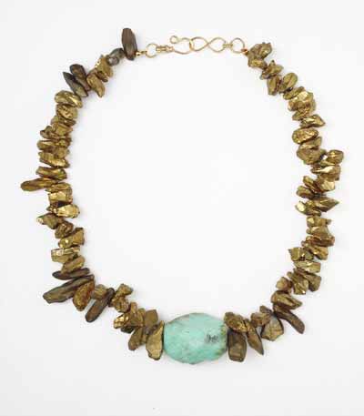 Gold Titanium Quartz Necklace With Large Pale Green Chrysoprase Roughcut Central Stone