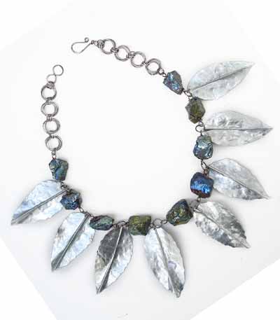 Hand Cut Metal Leaves And Rainbow Titanium Quartz Necklace