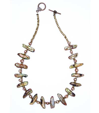 Handmade Original Copper Biwa Pearl Points Necklace With Freshwater Pearl Spacers On Copper
