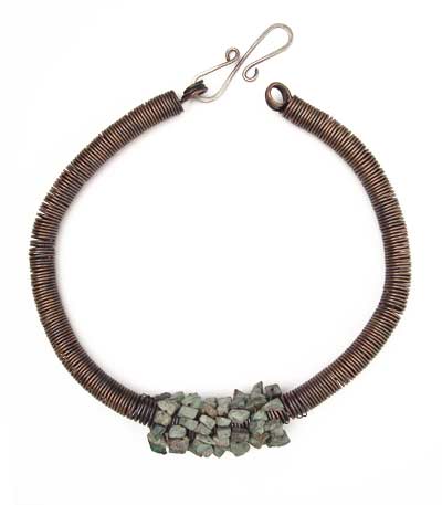 Handmade Original Turquoise Chips Cluster And Oxidised Copper Coil Torque