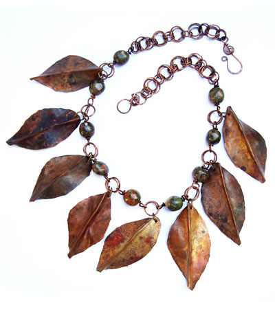 Jasper Statement Necklace with Eight Handmade Copper Falling Leaves