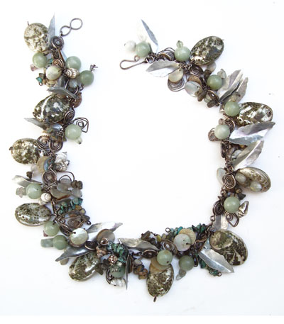 Labradorite Jade Moonstone and Paua Shell Silver Leaf  Mermaid Garland Necklace