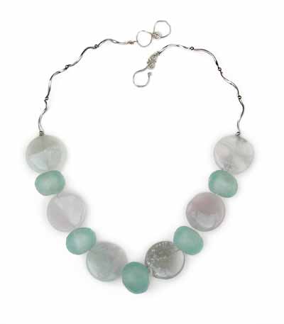 Large Ice Blue Fluorite Disc And African Glass Beads Necklace