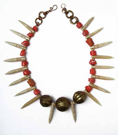 Pink Coral Necklace with Carved Bone Spears and Vintage Indian Brass Beads
