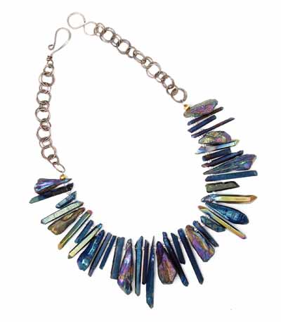 Titanium Quartz Points and Teardrop Clusters Necklace on an Oxidised Silver Double Link Chain
