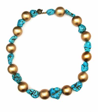 Turquoise Nuggets and Gold Wood Beads Necklace