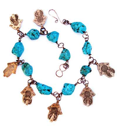 Turquoise and copper Hands of Fatima necklace