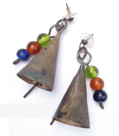 Large Brass Indian Dancer Bell and Bead Earrings