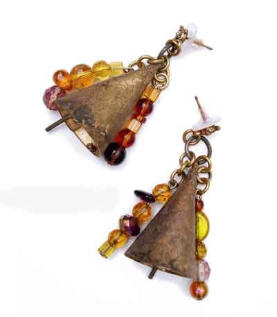 Large Brass Indian Dancer Bells And Glass Bead Earrings