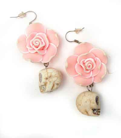 Pink Ceramic Rose And Bone Skull Earrings