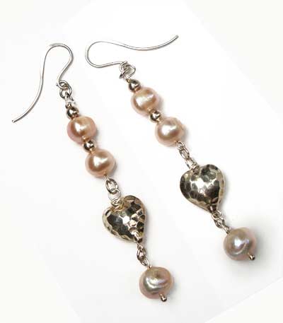 Sterling Silver Heart and Freshwater Pearl Drop Earrings