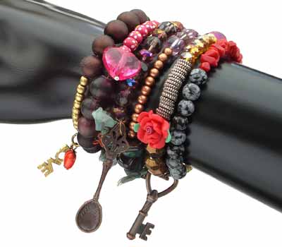 Assorted Gemstone Brass and Silver Bead Gipsy Bracelet with Trinkets