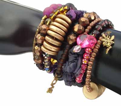 Brass Painted wood Glass and Ceramic Beads Gypsy Bracelet with Charms and Indian Sari Silk