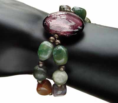 Foiled Glass With Green Garnet Jade and Copper Bracelet