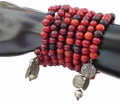 Red Acai Berries  and Silver Vintage Afghan Coin Bracelet