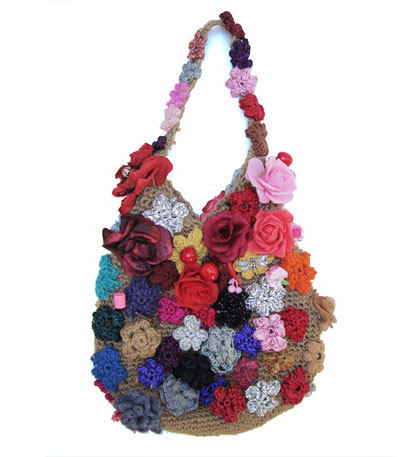 Large Crochet Sling Bag With Flowers and Novelty Tokens