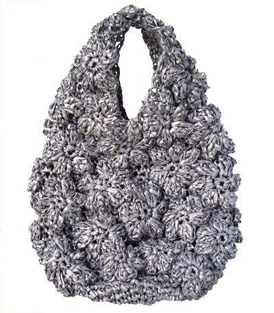 Large Raffia Crochet Flower Cocoon Style Hand Bag in Silver