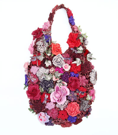 Large Red Raffia Crochet Sling Bag With Roses and Dragonflies