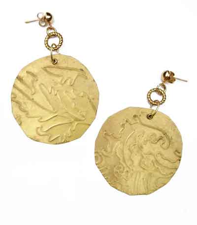 Embossed brass disk earrings