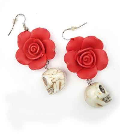 Red Ceramic Rose And Bone Skull Earrings
