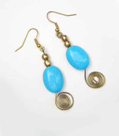 Turquoise Gemstone Brass Bead And Spiral Earrings