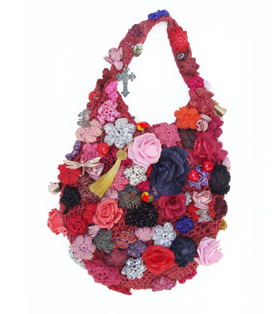 Large Red Crochet Sling Bag With Flowers and Charms and Icons