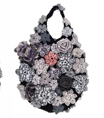 Large Sling Bag in Black Jute with Silver and Red Flowers