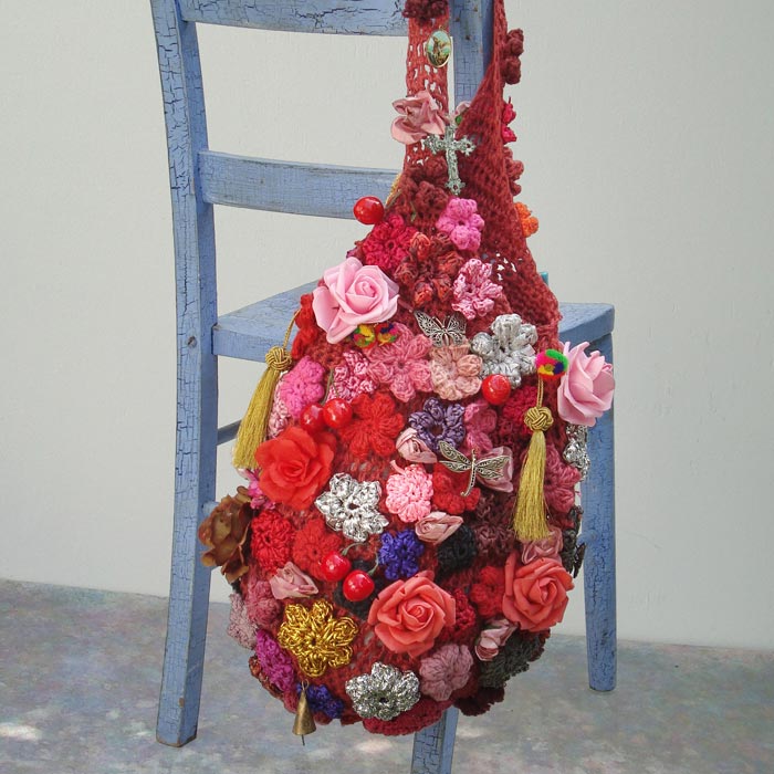 Large Sling Bag in Black Jute with Silver and Red Flowers