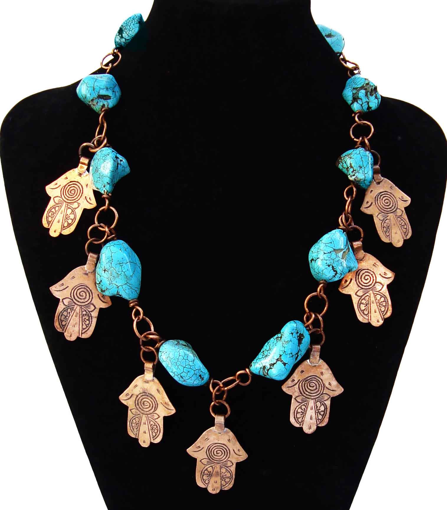 Chunky Turquoise and Copper Hamsa Necklace