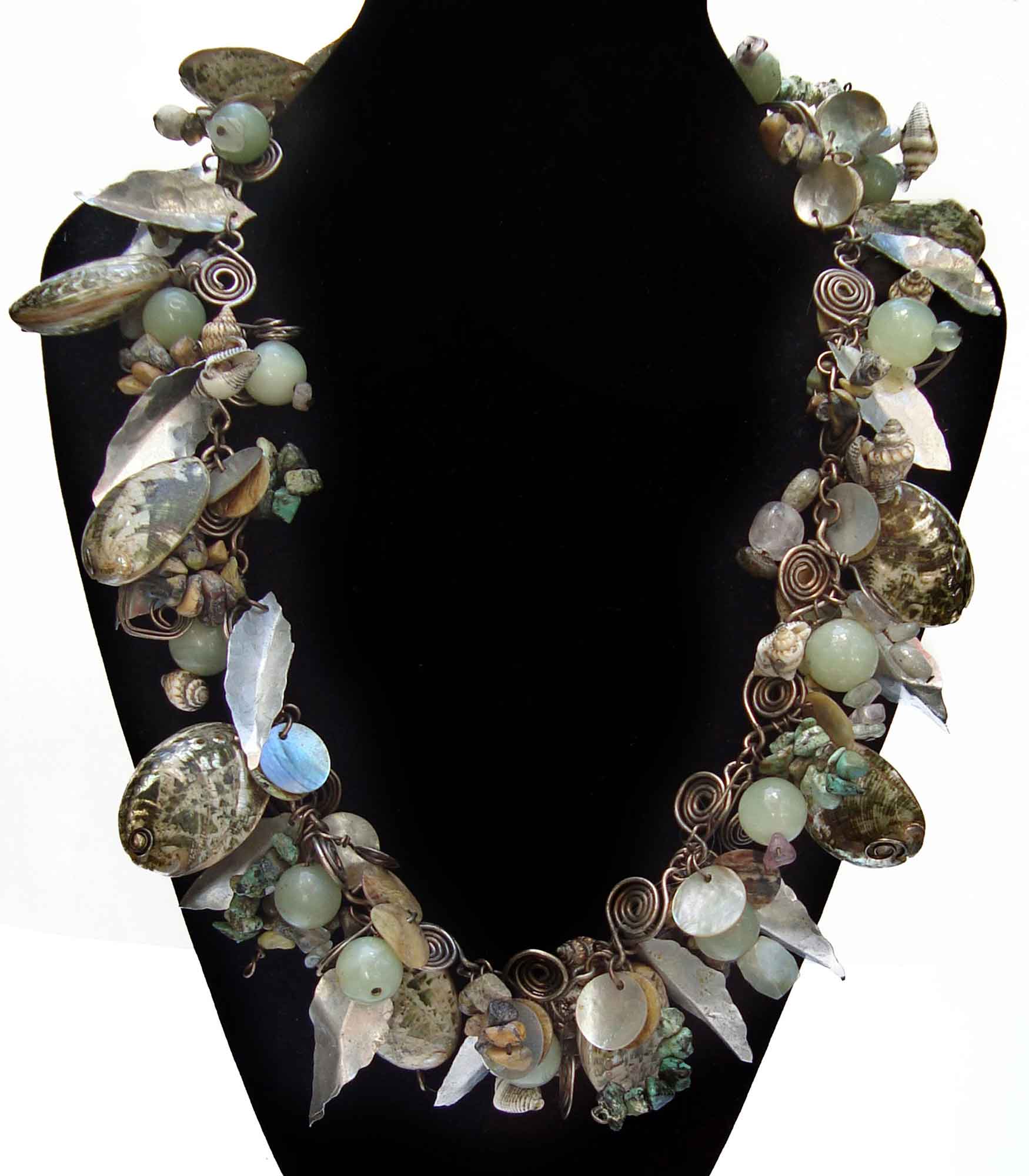 Chunky Silver Leaf, Paua Shell and Gemstone Necklace