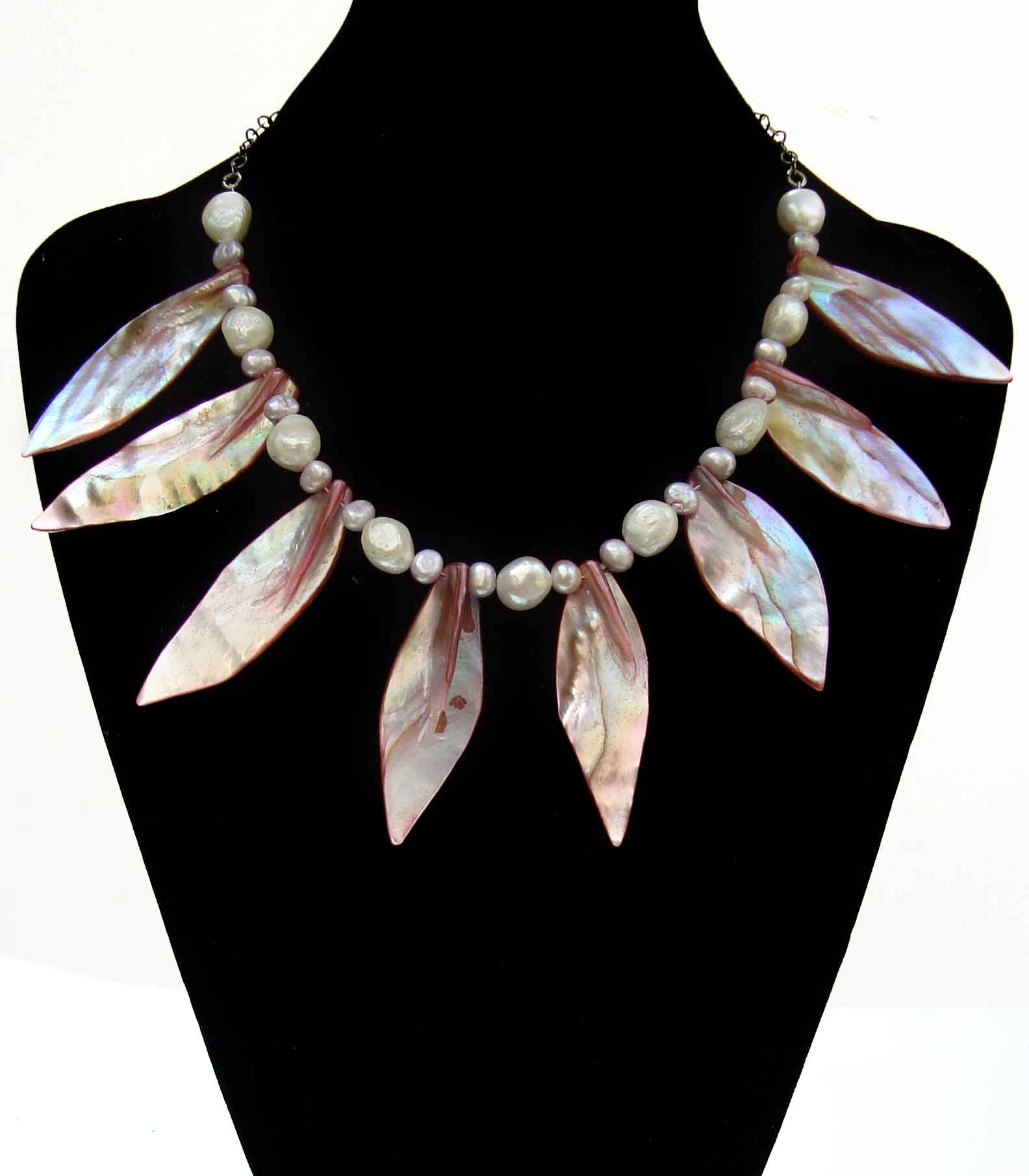 Pink Shell Leaf And Freshwater Pearl Necklace