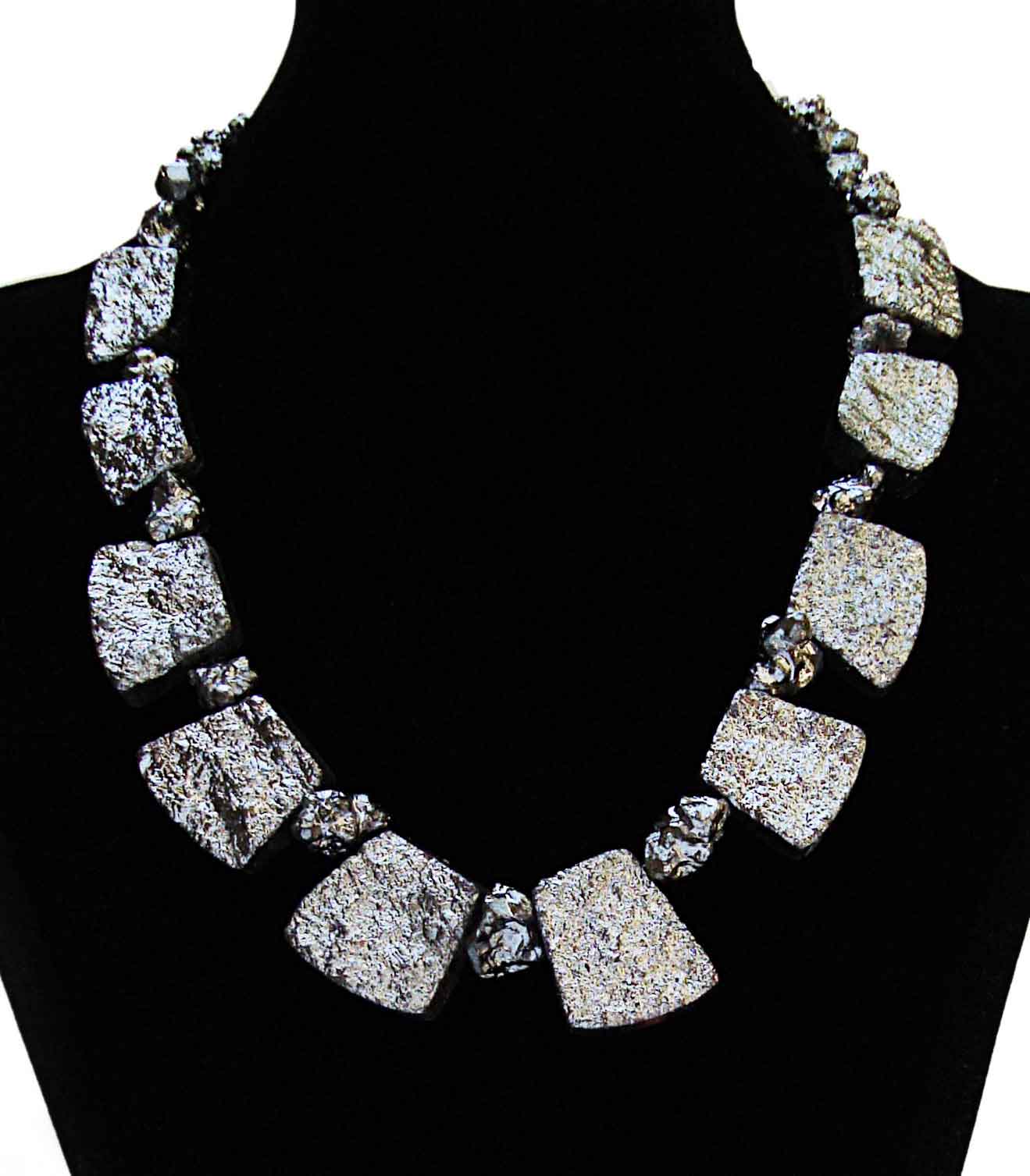 Chunky Silver Titanium Quartz Tile and Nugget Necklace