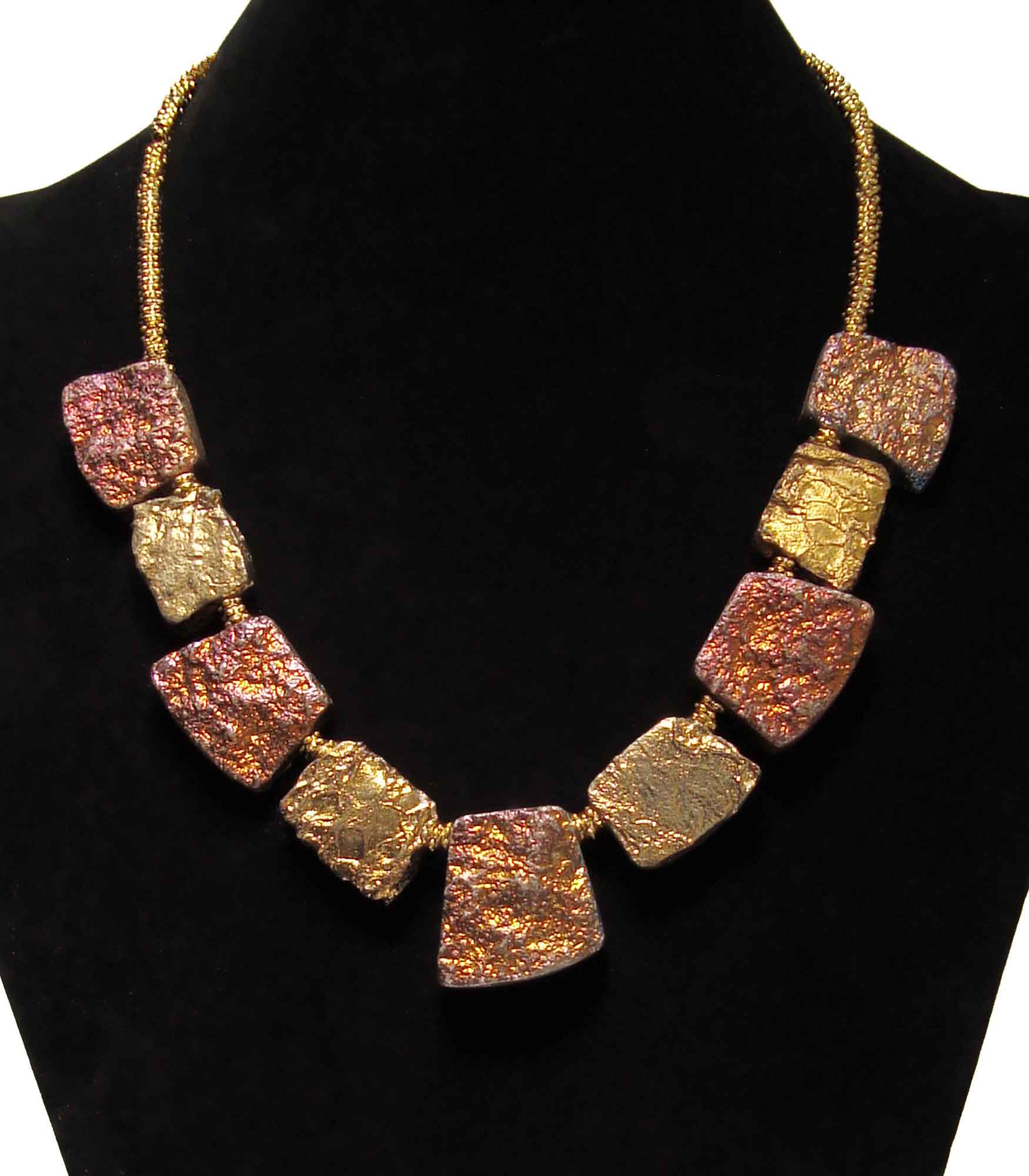 Chunky Gold and Copper Druzy Titanium Quartz Deco Tile Necklace