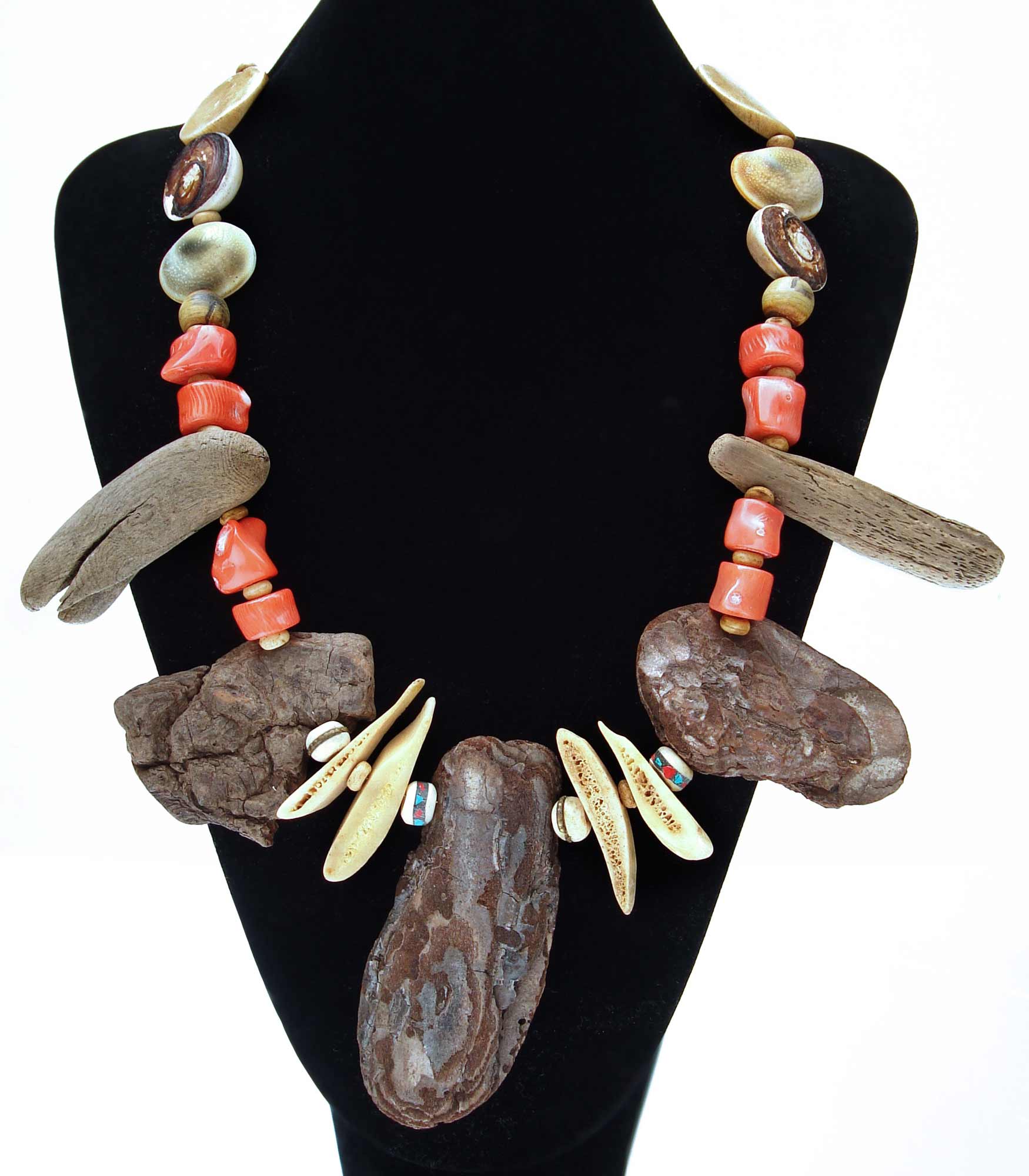 Beachcomber Driftwood, Coral Bone and Fossil Tribal Necklace