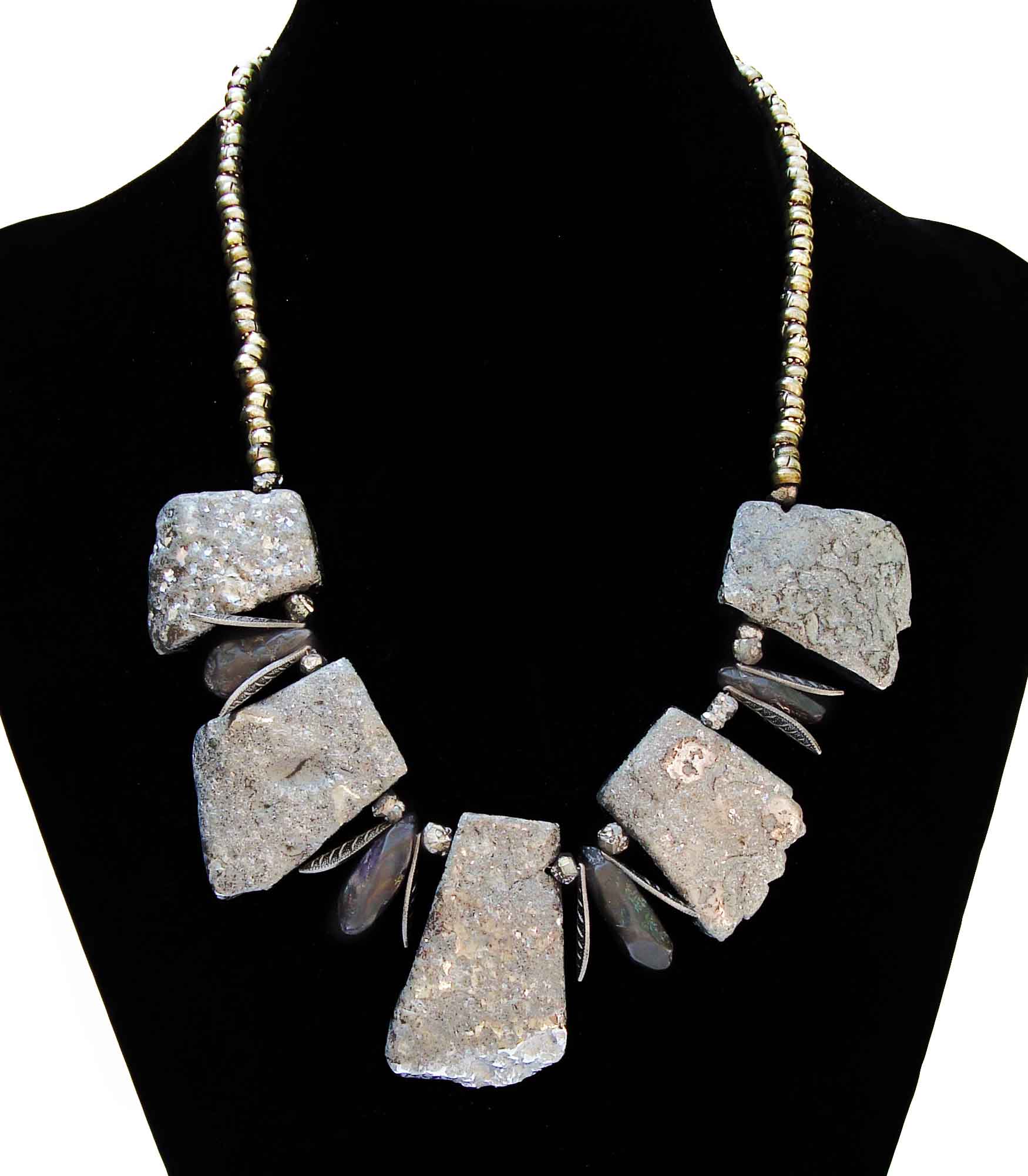 Chunky Silver and Purple Quartz with Leaves Necklace