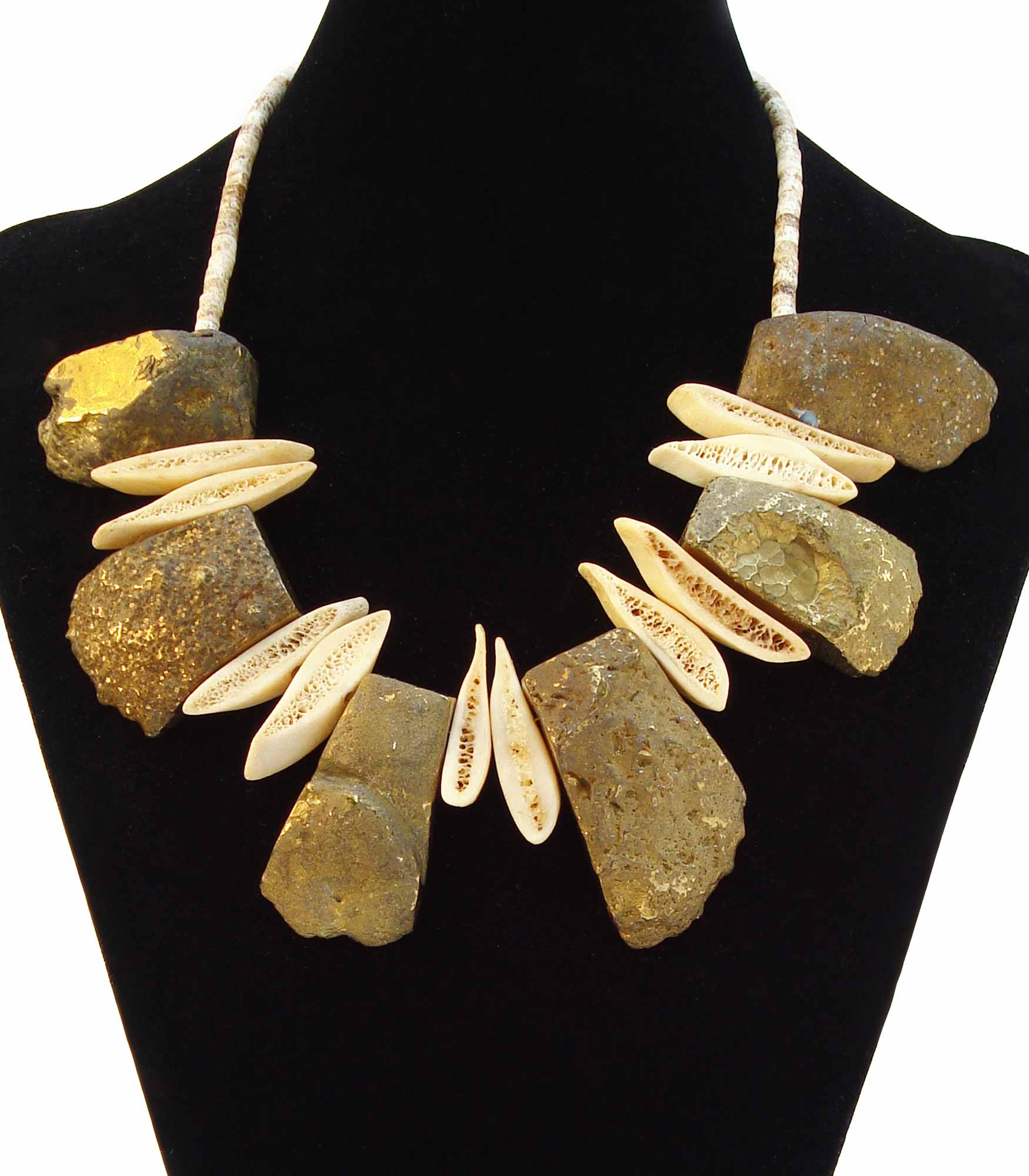 Chunky Gold Titanium Quartz and Bone Tribal Necklace