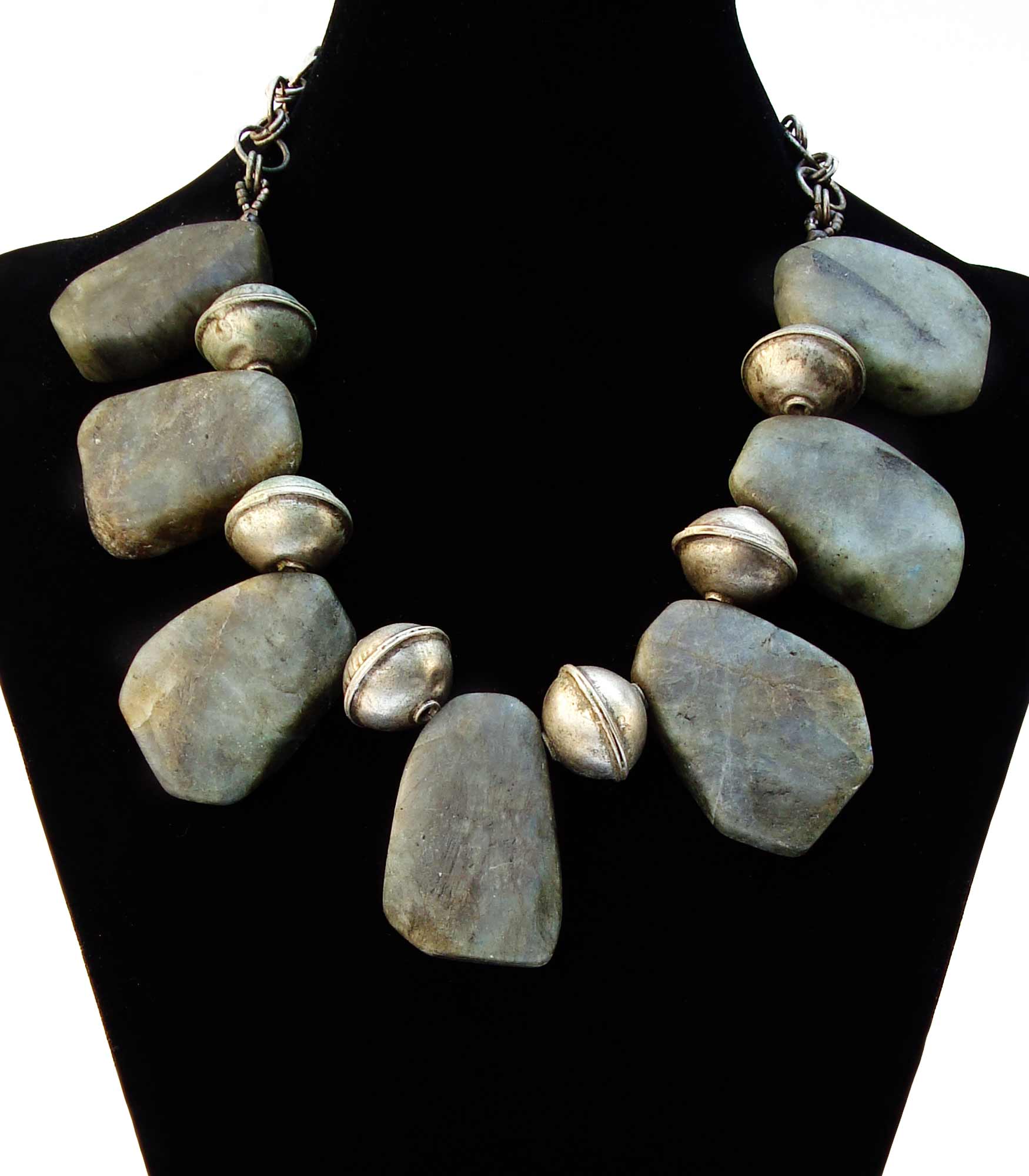 Chunky Labradorite and Morrocan Silver Bead Necklace
