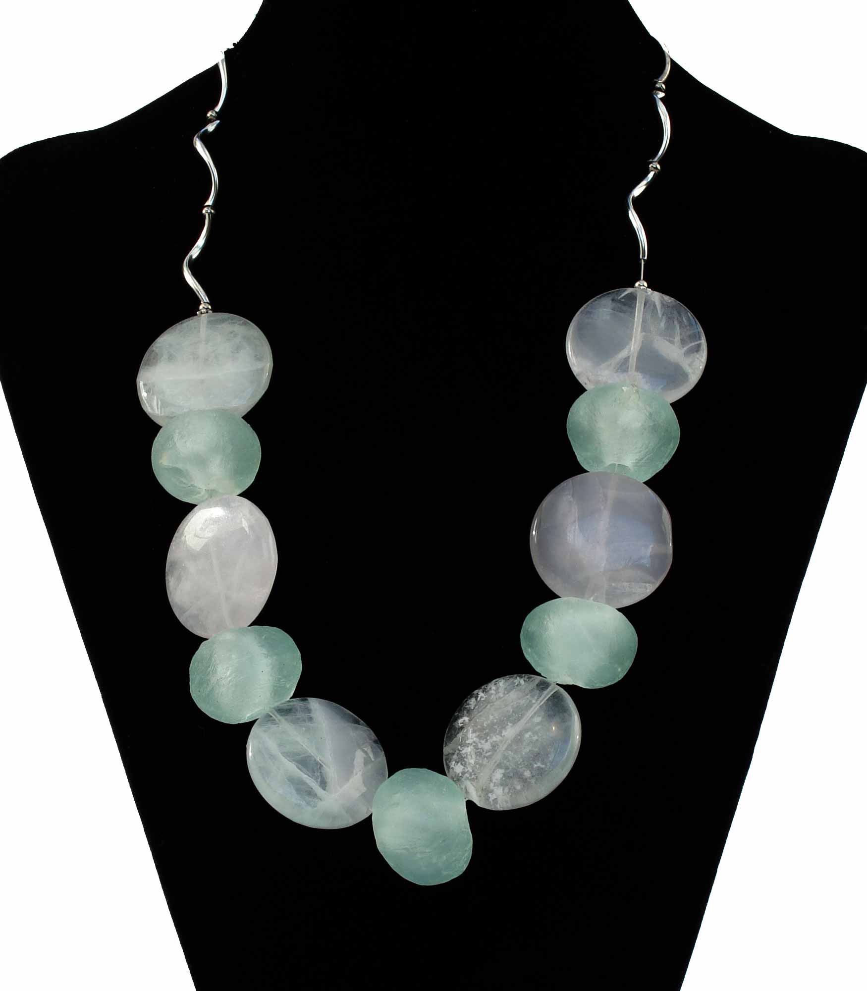 Opalescent Fluorite Roundel And Blue-Green Reconstituted African Glass Beads Necklace