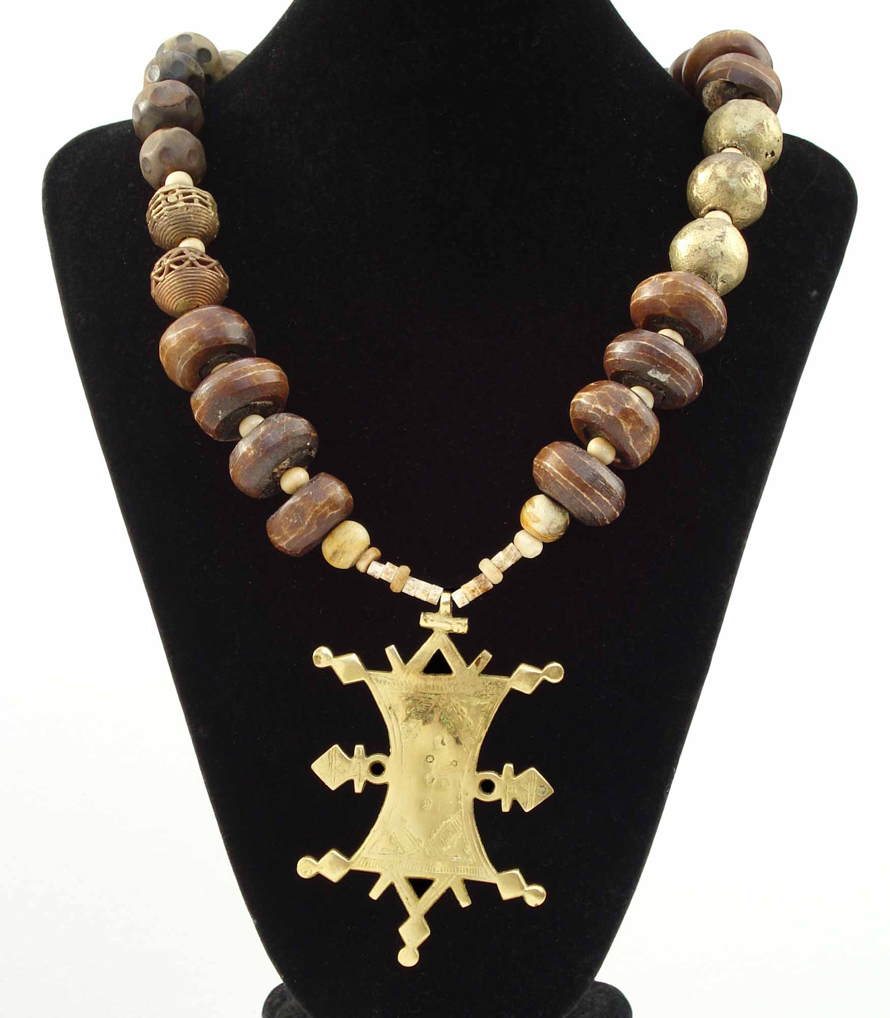  Cast Brass African Beads And Brass Coptic Cross Medalion Necklace