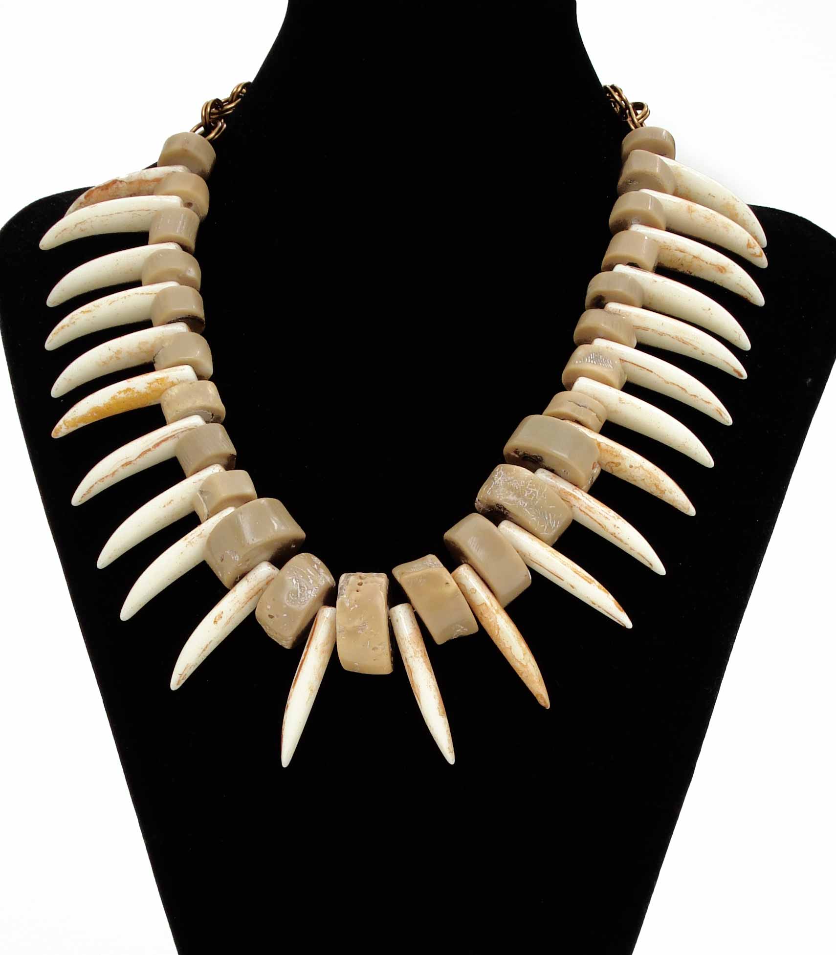 Khaki Coral Slices And Faux Ivory Tusks Necklace