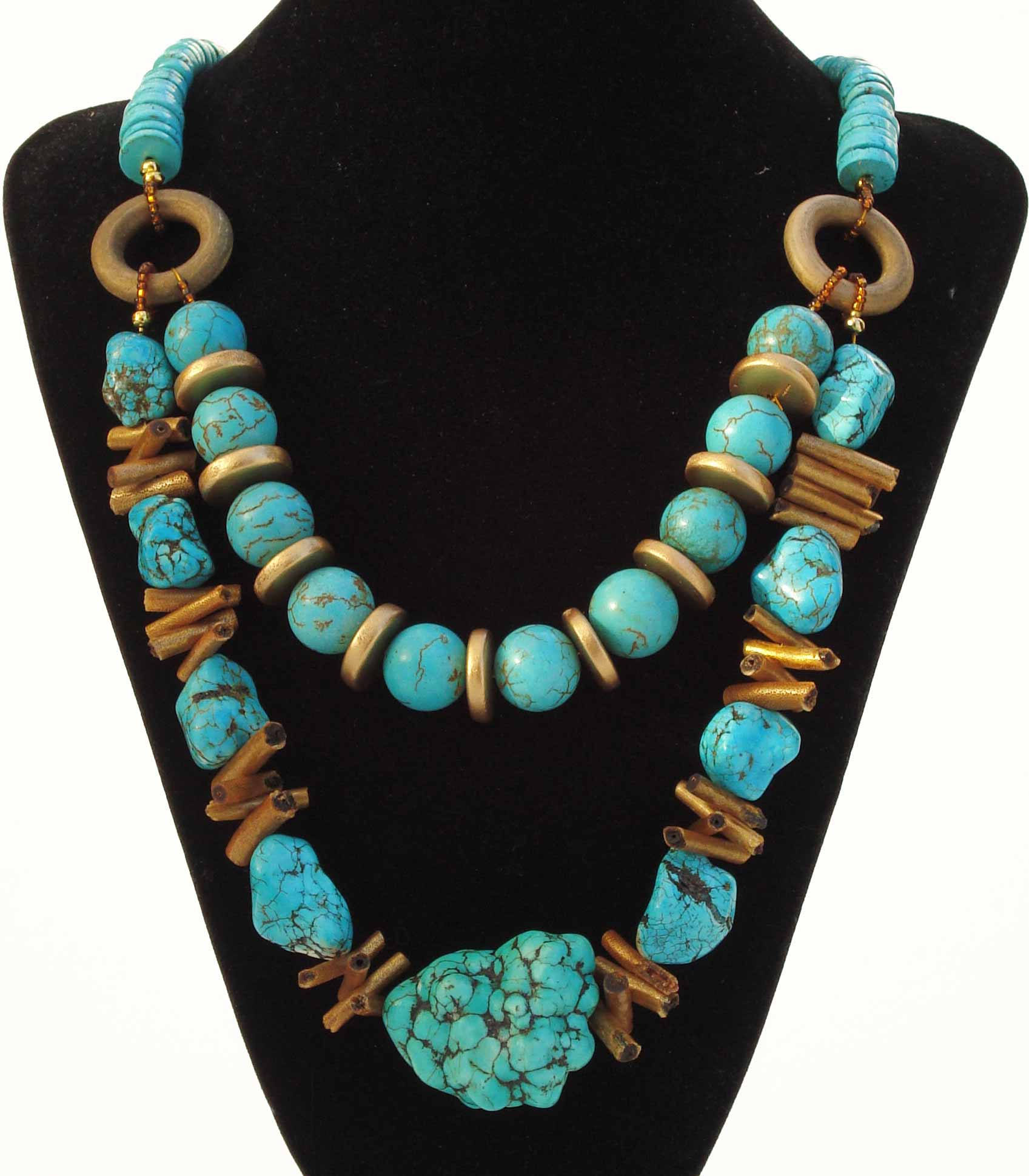 
Turquoise Large Baeds, Gold Coral Stick Beads, Turquoise Heishi Beads, Gold Wood Disk And Turquoise Large Nugget Necklace